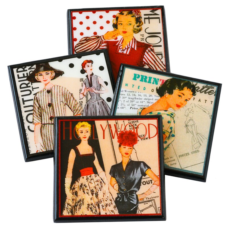 May include: Four vintage-style coasters featuring images of women in retro clothing and fashion magazine covers. The coasters have black frames and feature text like "Couturier", "Hollywood", "Printette", and "Me Jolie".