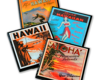 Hawaii Wood and Resin Coaster Set of Four Vintage Hawaiian Travel Print Decor Drink Coasters Retro Under 25 Tiki Art Hostess Gift