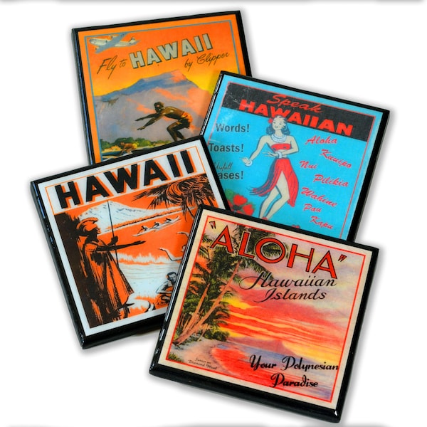 Hawaii Wood and Resin Coaster Set of Four Vintage Hawaiian Travel Print Decor Drink Coasters Retro Under 25 Tiki Art Hostess Gift