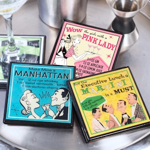 Retro Cocktail Coaster Set: Mid-Century Atomic Barware, Wood & Resin