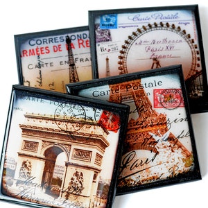 Conjunto de porta-copos de cartão postal de Paris, porta-copos Torre Eiffel, decoração para festa em Paris, porta-copos de viagem, presente para anfitriã, porta-copos de madeira para lembrancinha de noiva