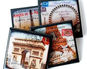 Paris Postcard Coaster Set, Eiffel Tower Drink Coasters, Paris Party Decor, Travel Coasters, Hostess Gift, Wood Coaster Bridal Favor