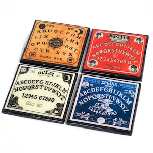 Ouija Board Coaster Set, Spooky Vintage Halloween Decor, Spirit Board Resin Drink Coasters Set of Four Hostess or (haunted) Housewarming!