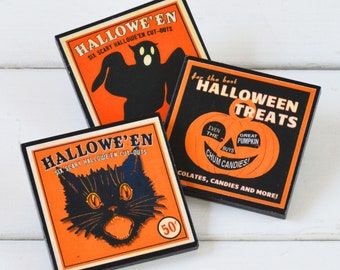 Halloween Decor Magnet Set of Three Vintage Halloween Party Favor Gift Fridge Magnets Orange Pumpkin Ghost and Cat