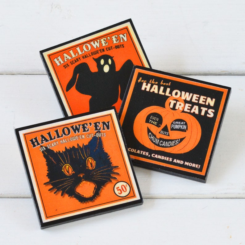 Halloween Decor Magnet Set of Three Vintage Halloween Party Favor Gift Fridge Magnets Orange Pumpkin Ghost and Cat image 1