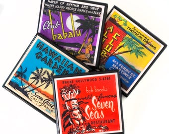 Tiki Bar Drink Coaster Set, Vintage Style Man Cave Decor Handmade Drink Coasters