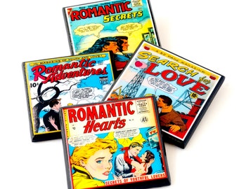 Vintage Romance Comic Book Cover Art Wood and Resin Drink Coaster Set
