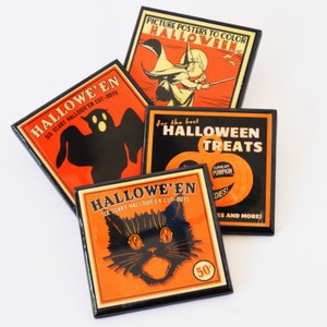 Vintage Halloween Resin Drink Coasters Set of Four  Orange and Black Halloween Decor Gift