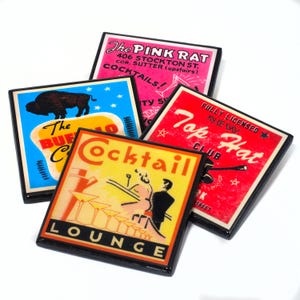 Retro Cocktail Lounge Wood and Resin Mid Century 1950s Graphic Drink Coaster Set of Four Barware Decor Thank You Fathers Day Gift Under 25