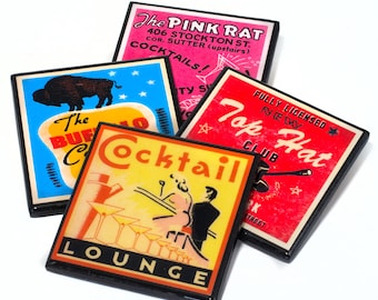 Retro Cocktail Lounge Wood and Resin Mid Century 1950s Graphic Drink Coaster Set of Four Barware Decor Thank You Fathers Day Gift Under 25