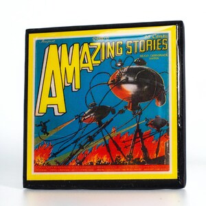 May include: A vintage cover of Amazing Stories magazine from August 1930. The cover features a futuristic illustration of flying machines over a burning city. The text on the cover reads "Amazing Stories" and "20 Cents".