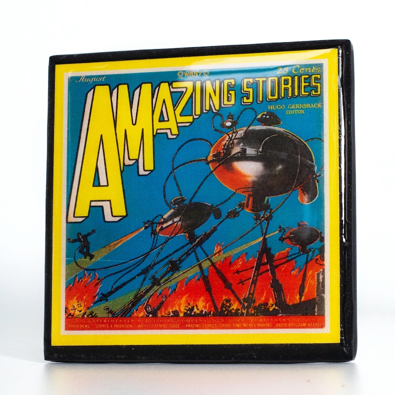 May include: A vintage cover of Amazing Stories magazine from August 1930. The cover features a futuristic illustration of flying machines over a burning city. The text on the cover reads "Amazing Stories" and "20 Cents".