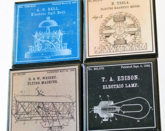 Patent Art Coasters, Great Inventors Wood Coaster Set, Nikola Tesla, Thomas Edison, Wright Brothers, Science Art, Science Decor, Geek Gift