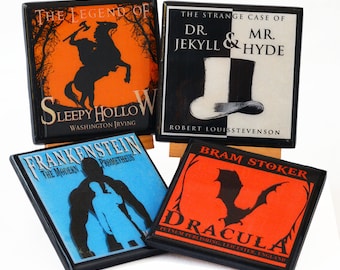 Halloween Coaster Set, Classic Victorian Gothic Horror Novel, Wood Coasters, Halloween Decor, Party Favor, Hostess Gift, Dracula, Set of 4