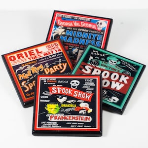 May include: Four vintage-style Halloween-themed coasters with black frames. The coasters feature red, green, and black colours with images of skeletons, monsters, and text that reads "Spook Show", "Midnite Madness", "Mel Roy Party", and "The Mad Doctor's Spook Show".