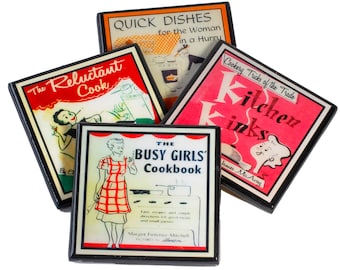 Retro Cookbook Cover Coaster Set, Funny Wood and Resin Coasters, Housewarming Gift for the Cook or Baker, Kitchen Decor, Set of Four