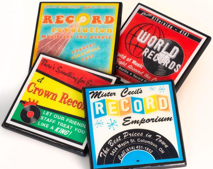 Vintage Record Store Drink Coaster Set, Record Collector Gift, Four Retro, Wood and Resin Coasters, Nostalgic Record Shop Advertisement