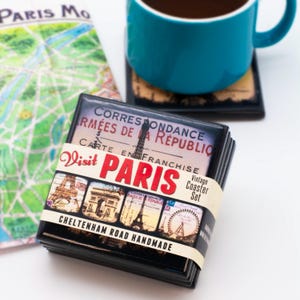 Paris Postcard Coaster Set, Eiffel Tower Drink Coasters, Paris Party Decor, Travel Coasters, Hostess Gift, Wood Coaster Bridal Favor