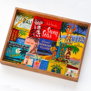 Tiki Bar Wooden Serving Tray with Handles Vintage Tiki Bar Decorative Resin Tray Housewarming Gift Party Decor Tropical Hawiian Beach Style