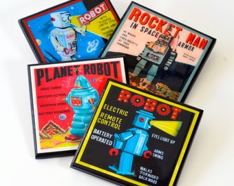 Retro Toy Robot Drink Coaster Set Vintage Mid Century 1950s Style Gift Space Age Decor