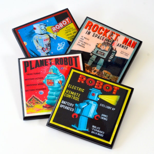 Retro Toy Robot Drink Coaster Set Vintage Mid Century 1950s Style Gift Space Age Decor