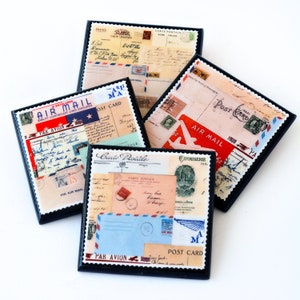 Vintage Airmail Label Coaster Set of Four Par Avion Air Mail Wood and Resin Coasters Graphic Letter Collage Postal Worker Gift Travel Decor