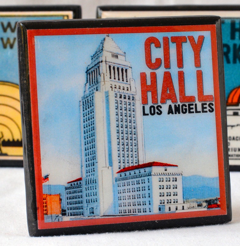 Los Angeles Coasters, California Decor, Wood Drink Coaster Set, Retro LA Decor, Los Angeles Art, Old Hollywood, housewarming gift, set of 4 image 3