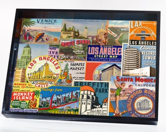 Los Angeles themed serving tray with handles LA Local decor vintage landmarks, housewarming gift California History, resin coffee table tray