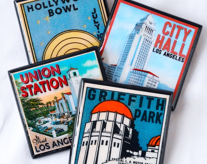 Los Angeles Coasters, California Decor, Wood Drink Coaster Set, Retro LA Decor, Los Angeles Art, Old Hollywood, housewarming gift, set of 4
