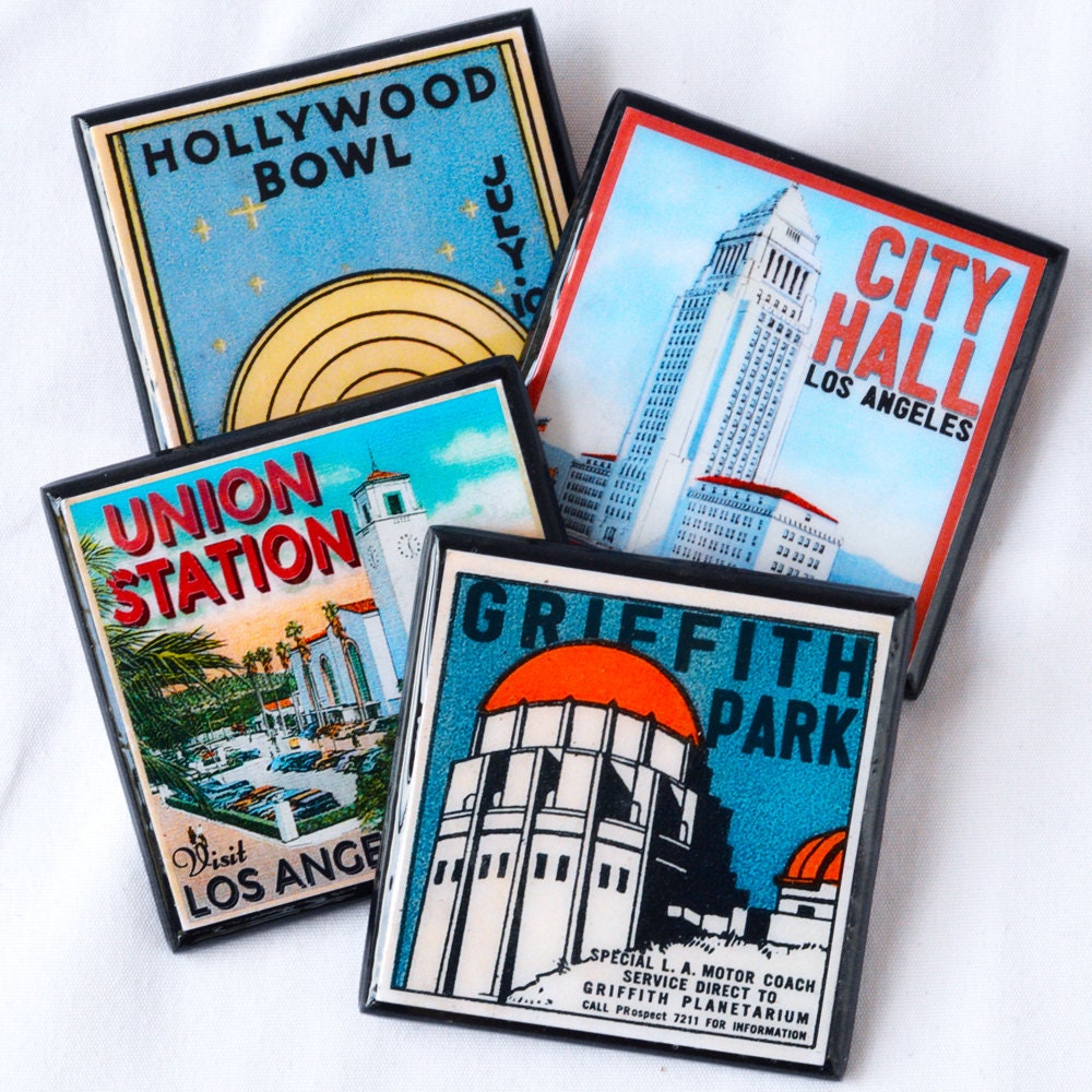 Los Angeles Coasters, California Decor, Wood Drink Coaster Set, Retro…