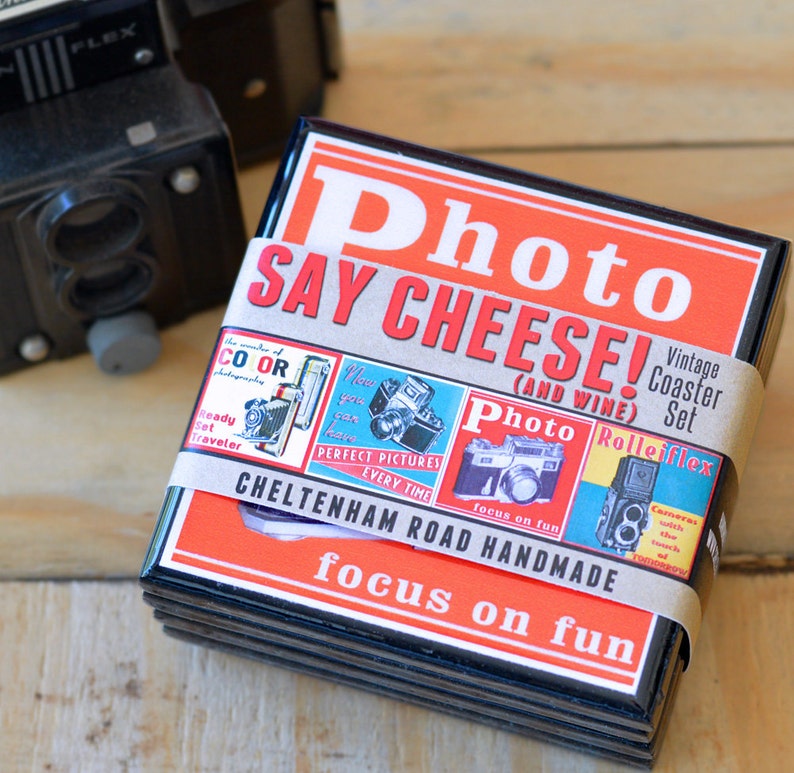 Vintage camera coaster set retro colorful wood and resin drink coasters photography advertising art gifts for photographers set of four image 2