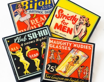 Drink Coasters Slightly Naughty Pin Up Girls Burlesque Art Retro Decor Wood Coaster Set of Four Man Cave Gifts for Men Bar Coasters