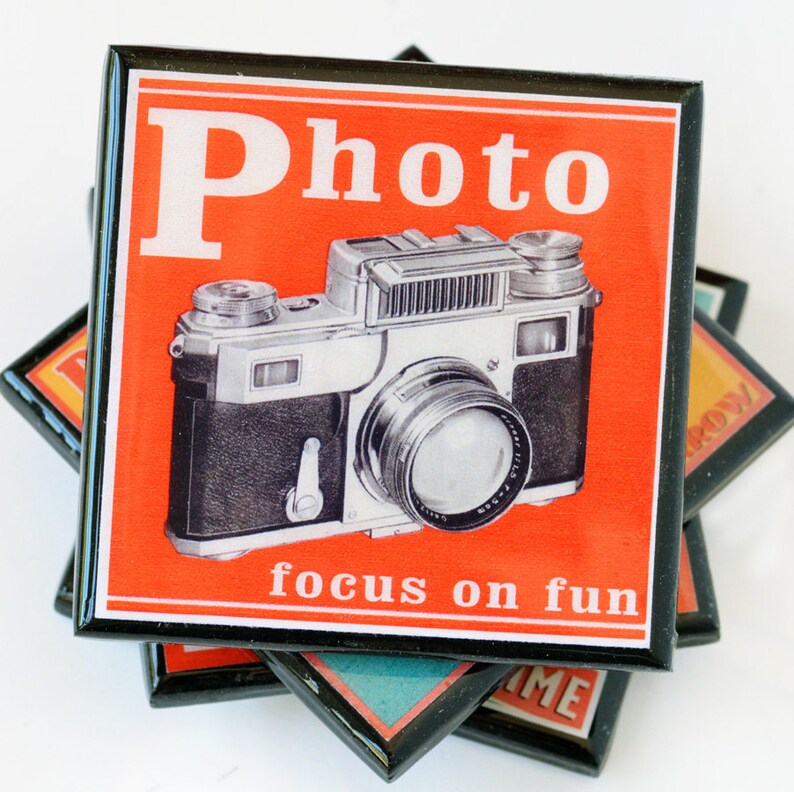 Vintage camera coaster set retro colorful wood and resin drink coasters photography advertising art gifts for photographers set of four image 4