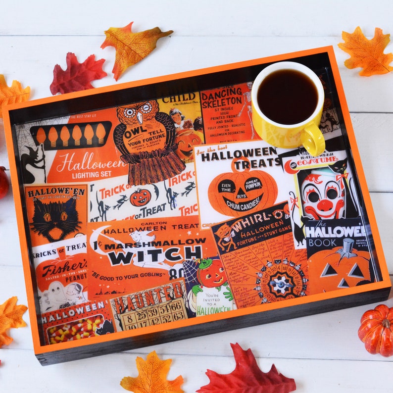 Halloween Wood Serving Tray Vintage Halloween Theme Party Decor Housewarming Gift Decorative Coffee Table Tray with Handles Resin Art image 1