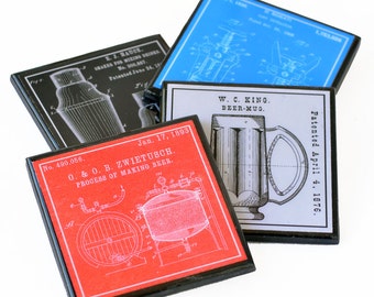 Coaster Set, Patent Art Barware Wood Drink Coasters, Man Cave Bar Decor, Hostess Gift, Set of Four, Housewarming, Gift for Men