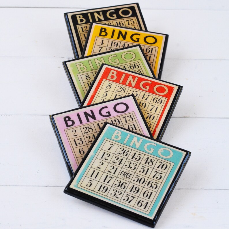 Bingo Game Card Drink Coaster Set Colorful Wood and Resin Coasters Set of Six Game Room Decor Game Night Hostess Gift Idea image 2