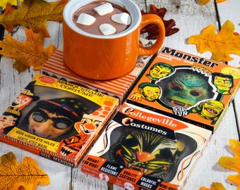 Vintage Halloween 3D Resin Coasters: Retro Costume Box Design