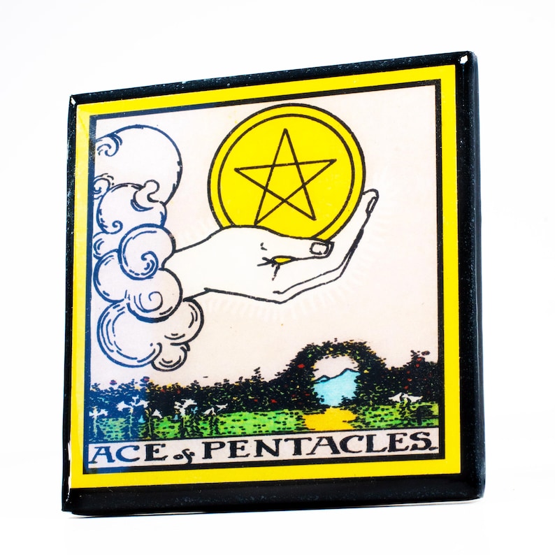 May include: Square tarot card featuring the Ace of Pentacles. The image shows a hand holding a yellow coin with a star, set against a landscape. The card has a yellow border and the words "ACE of PENTACLES" at the bottom.