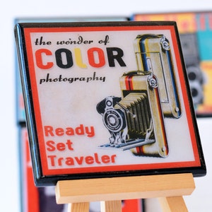 Vintage camera coaster set retro colorful wood and resin drink coasters photography advertising art gifts for photographers set of four image 5