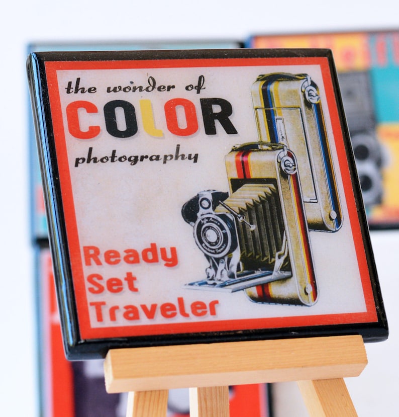 Vintage camera coaster set retro colorful wood and resin drink coasters photography advertising art gifts for photographers set of four image 5