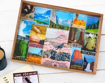 National Park Wood and Resin Serving Tray, WPA Poster Graphic Travel Decor Collage, Dinner or Coffee Table Tray