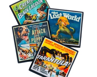 Monster Movie Poster Coaster Set, Classic B-Movie Drink Coasters
