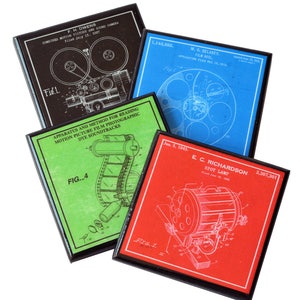 Juego de posavasos de cineasta, posavasos de bebidas de cineasta, posavasos de madera con patente artística, obsequios para cineastas, decoración de cine, regalo de director, noche de cine