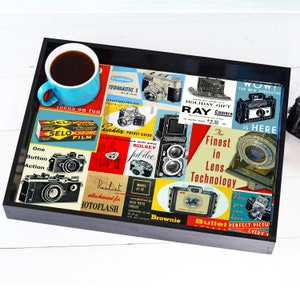 Camera Print Wood and Resin Decorative Serving Tray Vintage Photography Theme Collage Gift for Photographer Retro Camera Art Old Camera