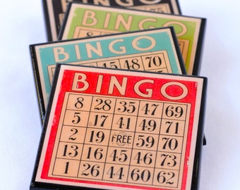 Bingo Card Drink Coaster Set, Retro Bingo Game Wood and Resin Coasters, Game Room Decor, Hostess Gift, Party Favor, Board Game Cards,