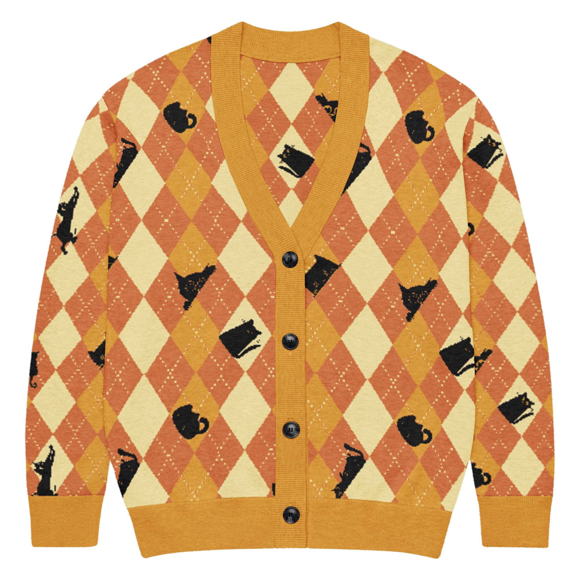 Orange Argyle, Black Cat Knitted Cardigan - Etsy