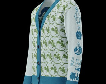 May include: Light blue cardigan sweater with a V-neck and button closure. The sweater features a pattern of green cauldrons and potion bottles. The sleeves have blue potion bottle illustrations. The trim is blue.