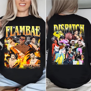 May include: Black sweatshirt featuring the text "FLAMBAE" in yellow and orange, with a graphic of muscular men and flames. The back of the sweatshirt displays the word "DISPATCH" and a group of cartoon characters.