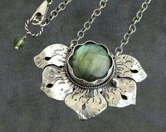 Labradorite Lotus Necklace -  Recycled Sterling Silver - One of a Kind Pendant, Made in USA Gift, Mystical Stone, Crystal