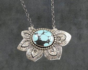 Tibetan Turquoise Flower Necklace - .925 Sterling Silver, One of a Kind Pendant, Unique Women's Gift, Protection Stone